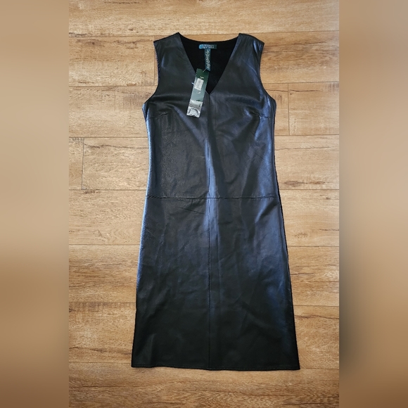 RARE $399 NWT Lauren Ralph Lauren Leather Front Merino Wool Back Shift Dress S - Picture 3 of 7